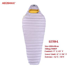 Load image into Gallery viewer, Aegismax 2019 new arrival LETO  Ultralight water repellent White Goose Down Sleeping bag Mummy  Splicing  Hiking Camping 700FP