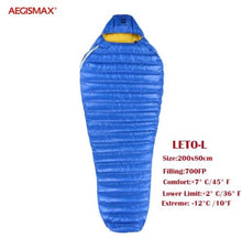 Load image into Gallery viewer, Aegismax 2019 new arrival LETO  Ultralight water repellent White Goose Down Sleeping bag Mummy  Splicing  Hiking Camping 700FP