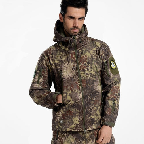 Tactical Snake Camouflage Army Jacket Set Men Military Outdoor Waterproof Softshell Hunting Jackets Fleece Hooded Hking Clothes