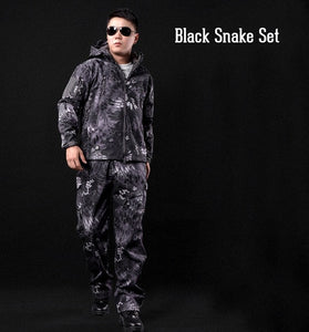 Tactical Snake Camouflage Army Jacket Set Men Military Outdoor Waterproof Softshell Hunting Jackets Fleece Hooded Hking Clothes