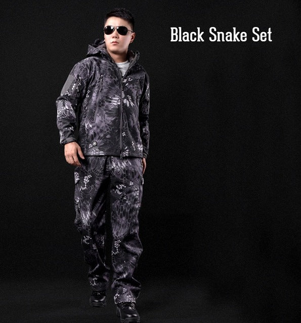 Tactical Snake Camouflage Army Jacket Set Men Military Outdoor Waterproof Softshell Hunting Jackets Fleece Hooded Hking Clothes